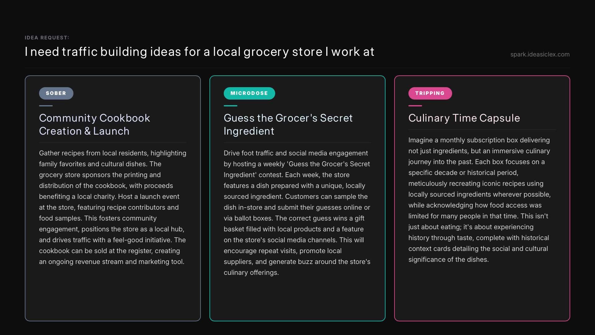 IX Spark — actual grocery store ideas: Sober, Microdose, and Tripping
